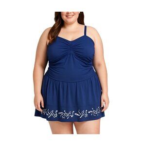 Denim & Co. Blue Ruching Swimdress Laser-Cut Hem Adjustable Straps Size 18W